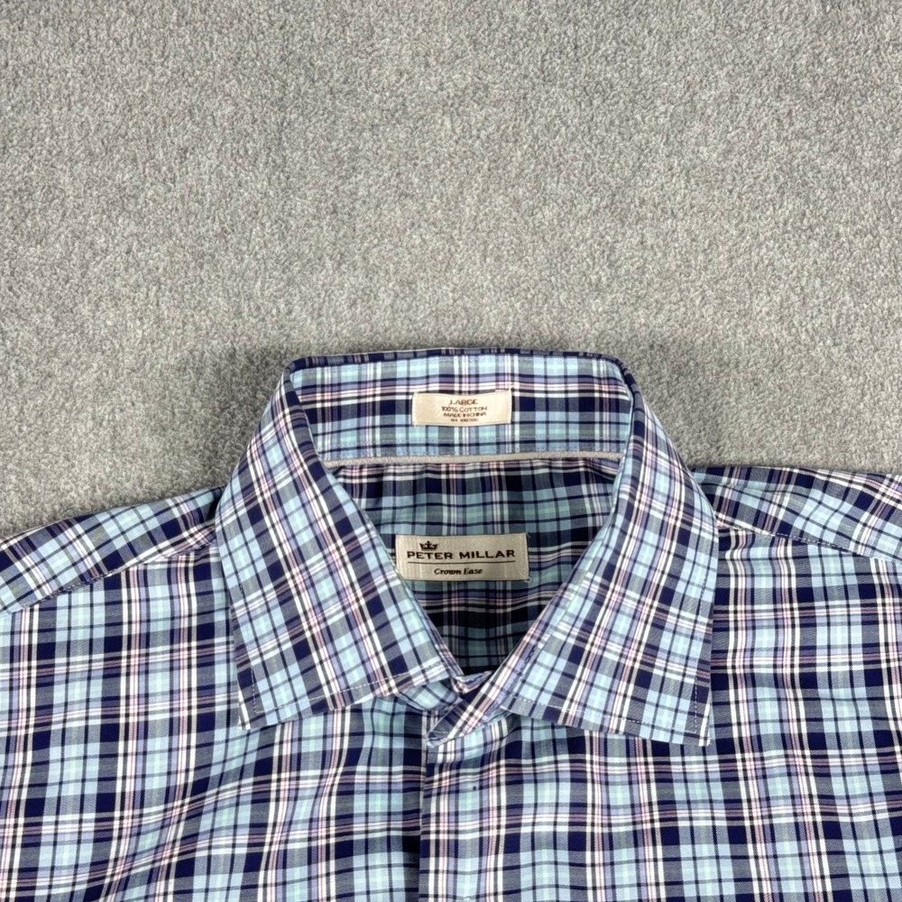 PETER MILLAR Mens Blue Plaid Crown Ease Button Up Long Sleeve Shirt L